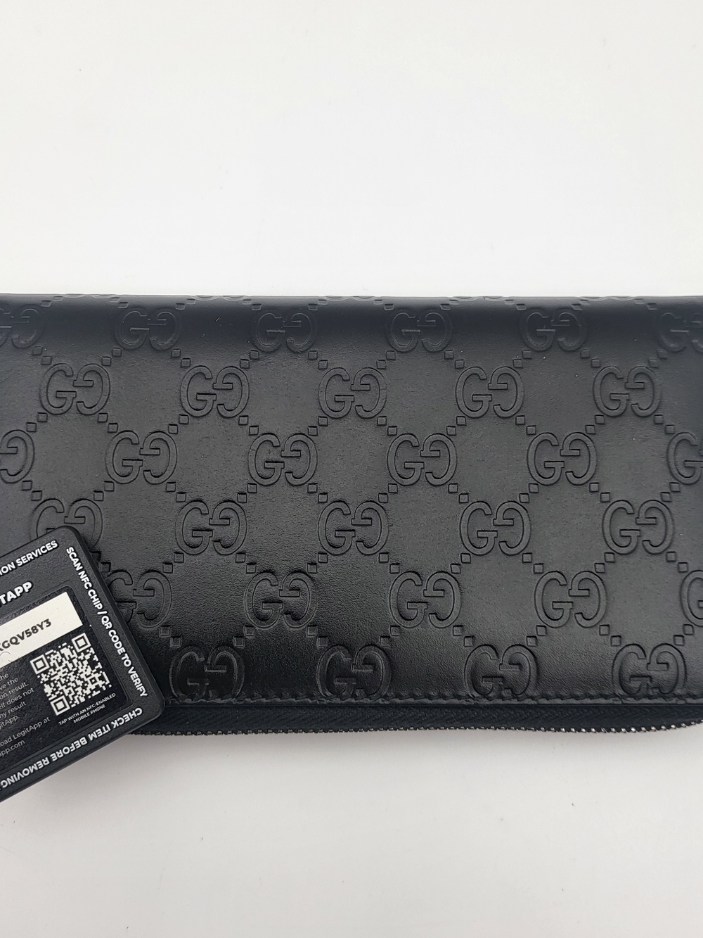 Gucci Black Embossed Calfskin Leather GG Motif Long Zip Wallet..Auth. w/COA.